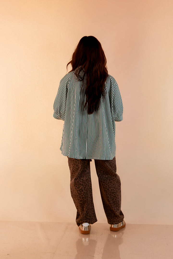 Perfectly Aligned Button Down Collared Top with Vertical Ivory Stripe Detail in Forest Green