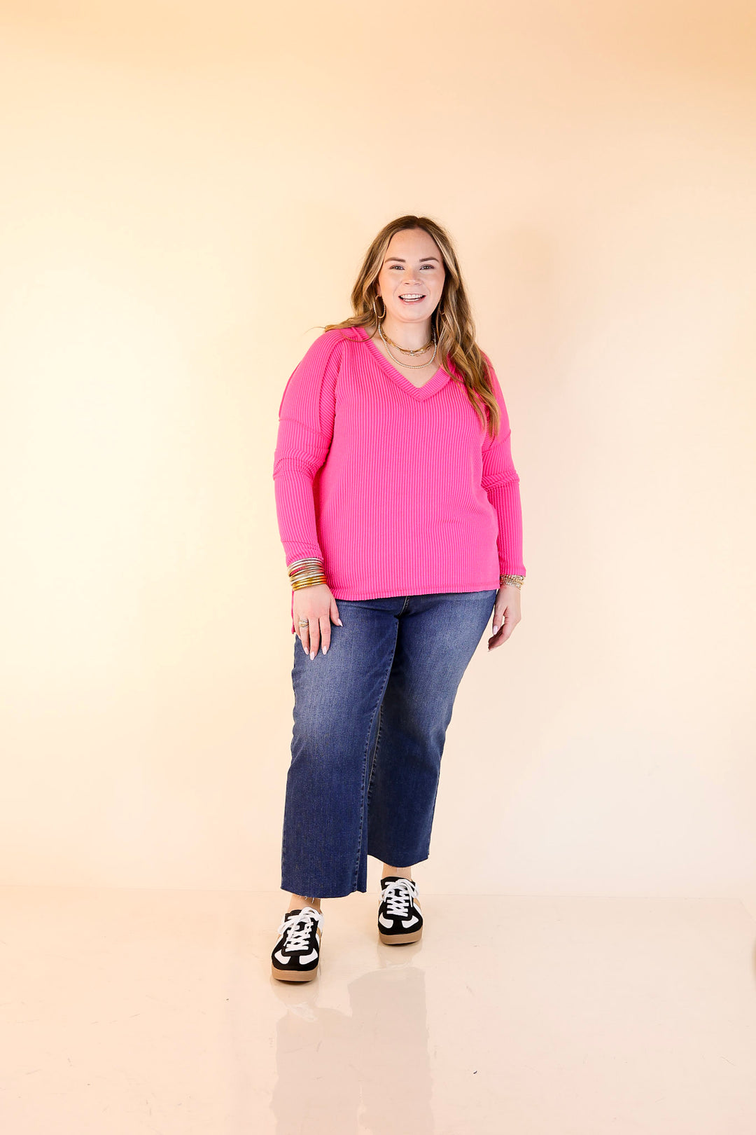 Daily Perfection V-Neck Long Sleeve Ribbed Top in Hot Pink