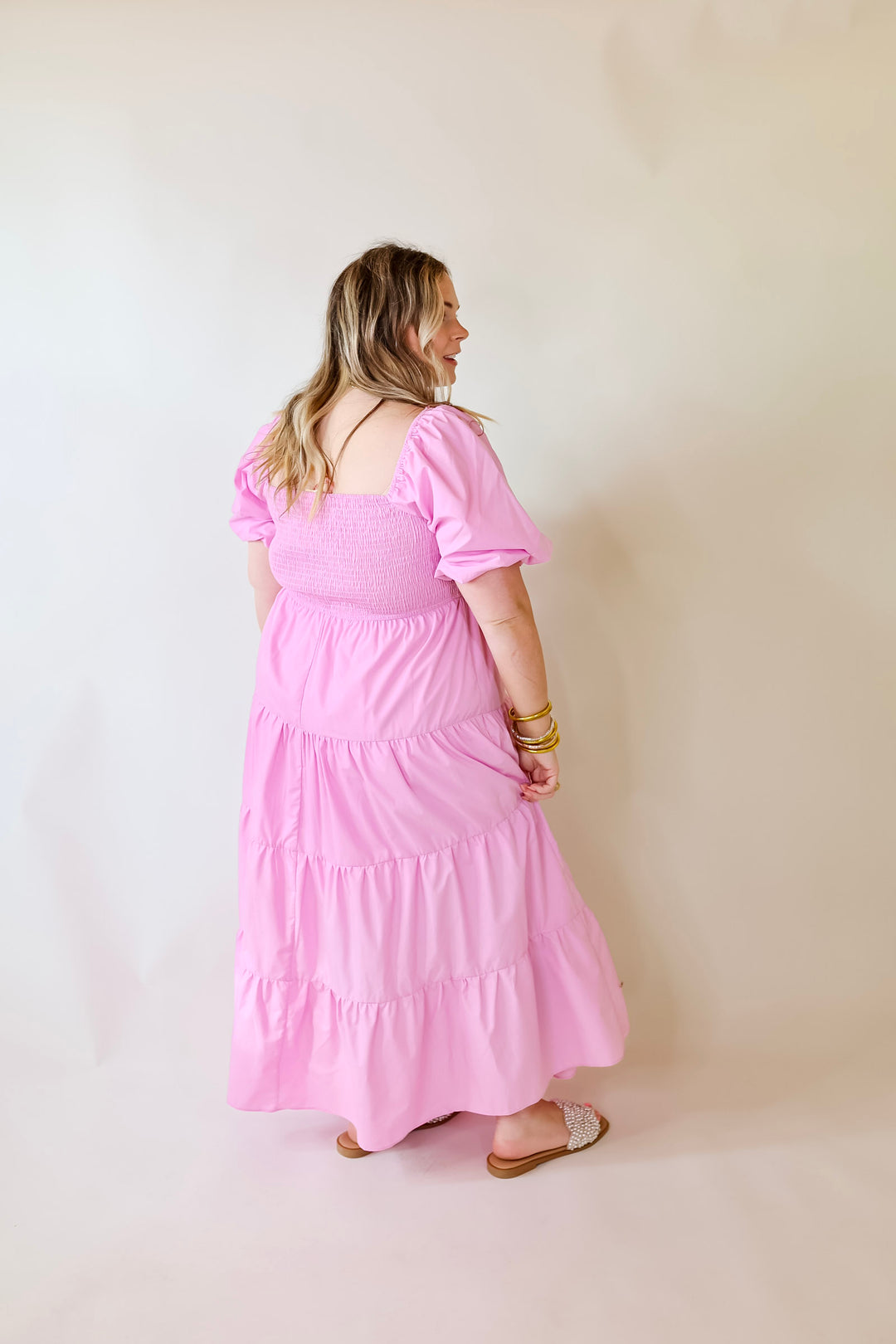 Santorini Sunshine Short Balloon Sleeve Maxi Dress in Light Pink - Giddy Up Glamour Boutique