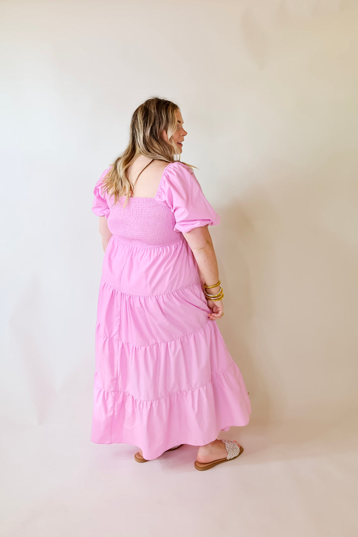 Santorini Sunshine Short Balloon Sleeve Maxi Dress in Light Pink - Giddy Up Glamour Boutique