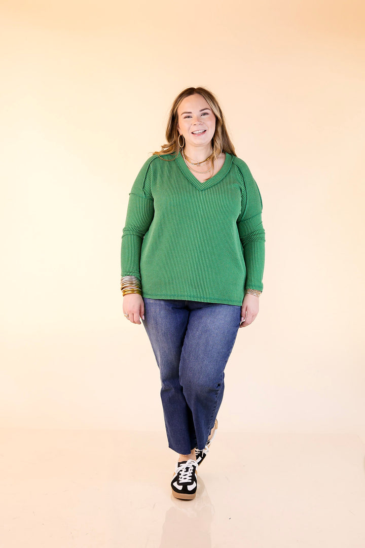 Daily Perfection V-Neck Long Sleeve Ribbed Top in Kelly Green