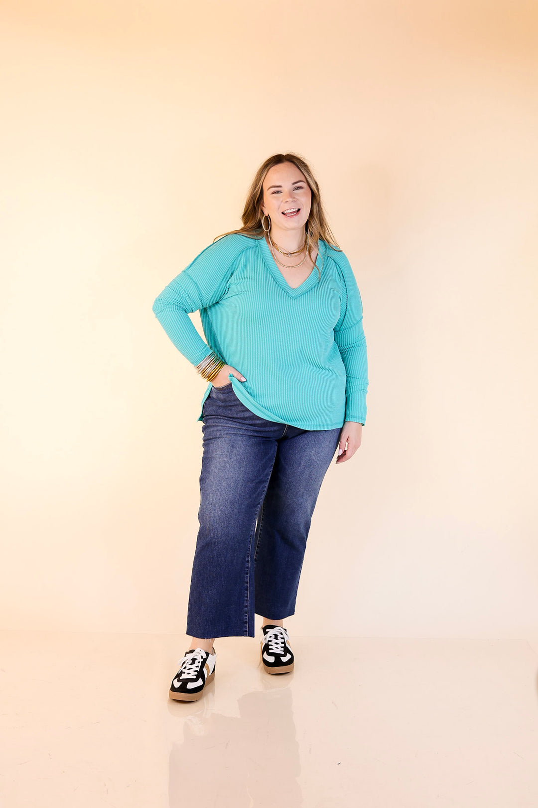Daily Perfection V-Neck Long Sleeve Ribbed Top in Turquoise Blue