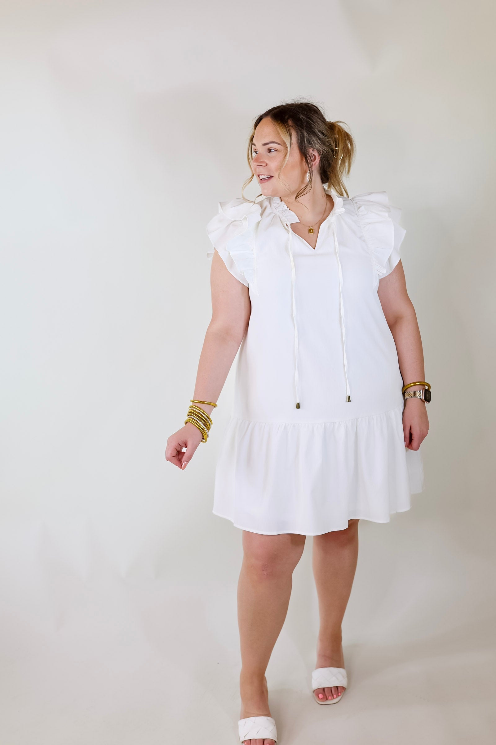 Powerful Love Ruffle Cap Sleeve Dress with Keyhole and Tie Neckline in Ivory - Giddy Up Glamour Boutique