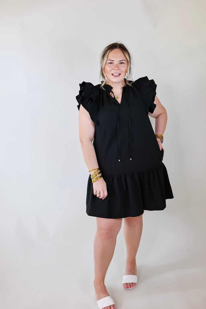 Powerful Love Ruffle Cap Sleeve Dress with Keyhole and Tie Neckline in Black - Giddy Up Glamour Boutique