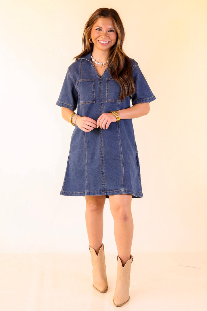 Style in Motion Denim Dress with Patch Pockets in Dark Wash