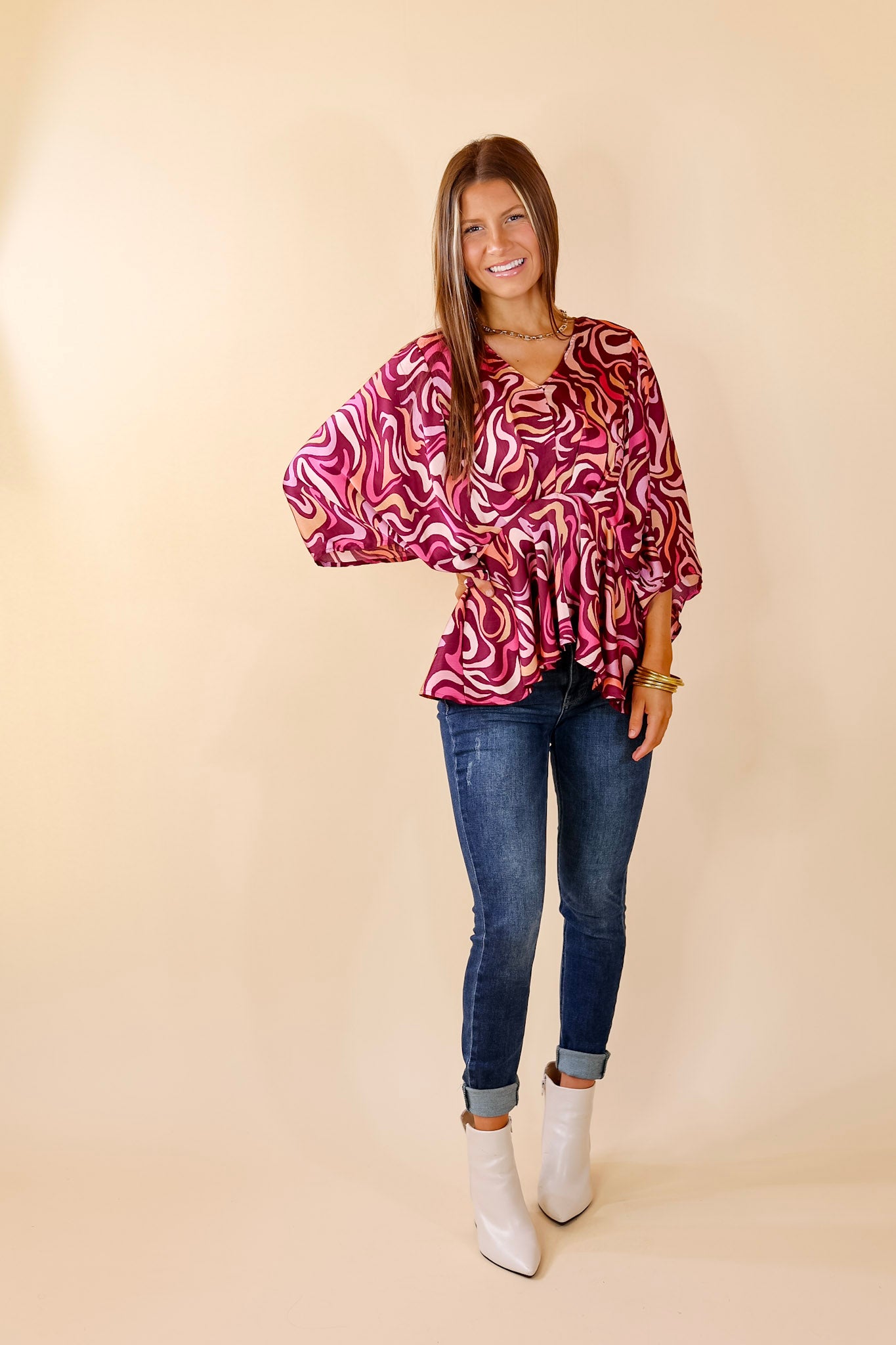 Hear the Music Drop Sleeve Swirl Print V Neck Peplum Top in Magenta Purple - Giddy Up Glamour Boutique