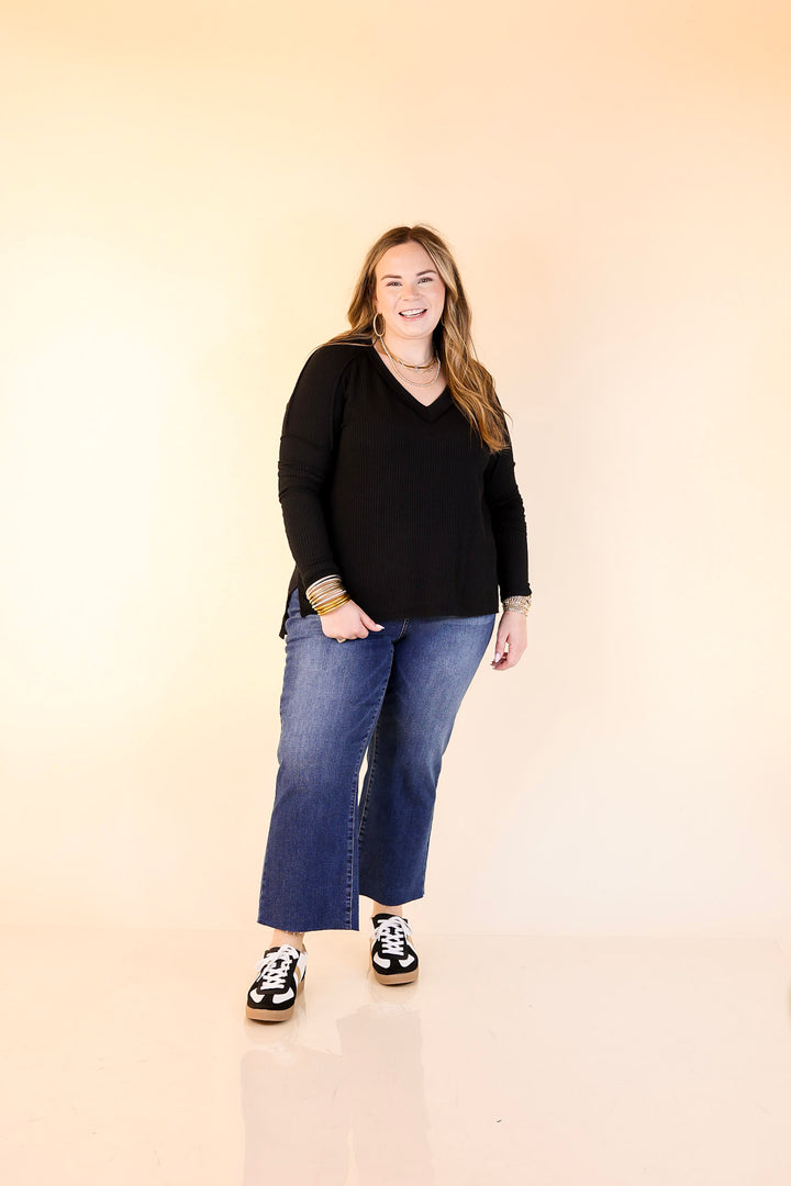 Daily Perfection V-Neck Long Sleeve Ribbed Top in Black