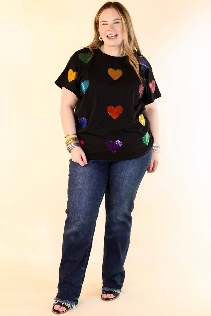 Queen Of Sparkles | Fluttering Hearts Multi-Colored Sequin Top in Black
