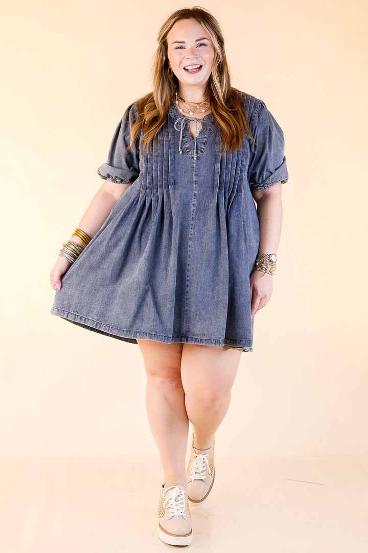 Breezy Beauty Denim Dress with Bow Keyhole and Front Pleating in Medium Wash