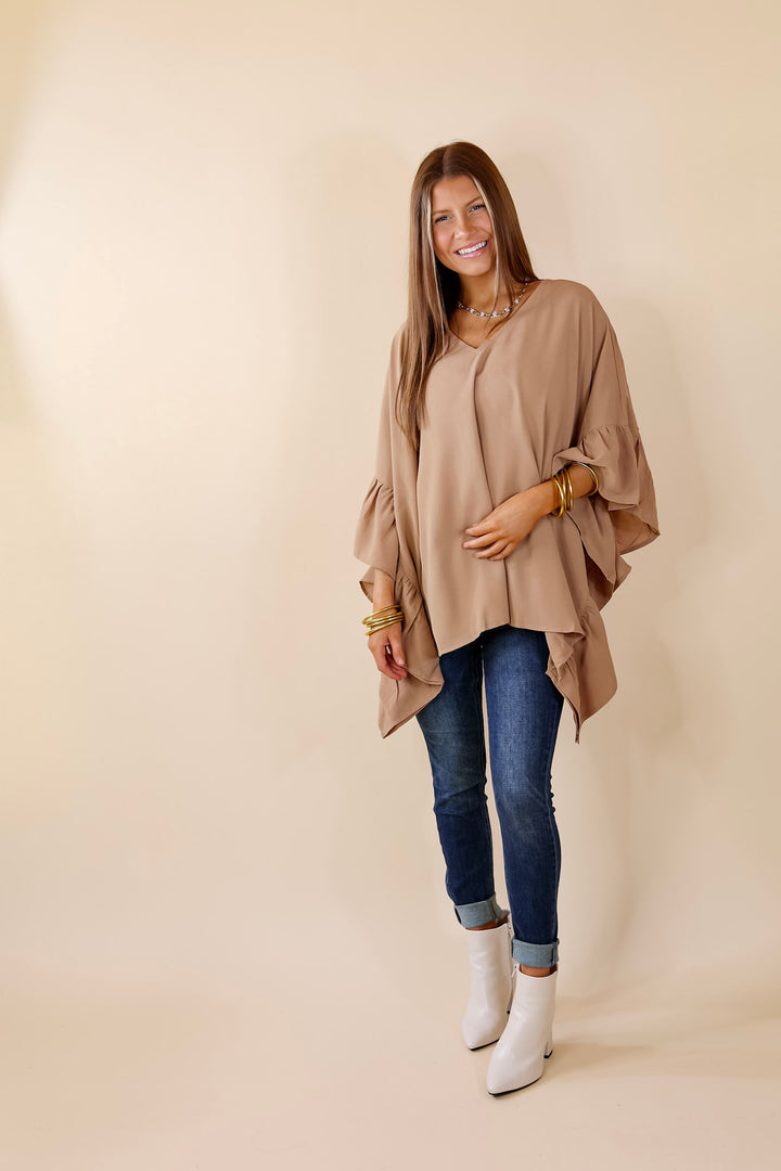 Secret Strength Ruffle Detail Poncho Top in Mocha Brown - Giddy Up Glamour Boutique