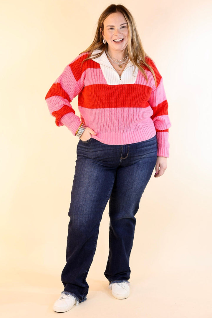 Candy Crush Half Zip Striped Rugby Style Sweater in Red and Pink
