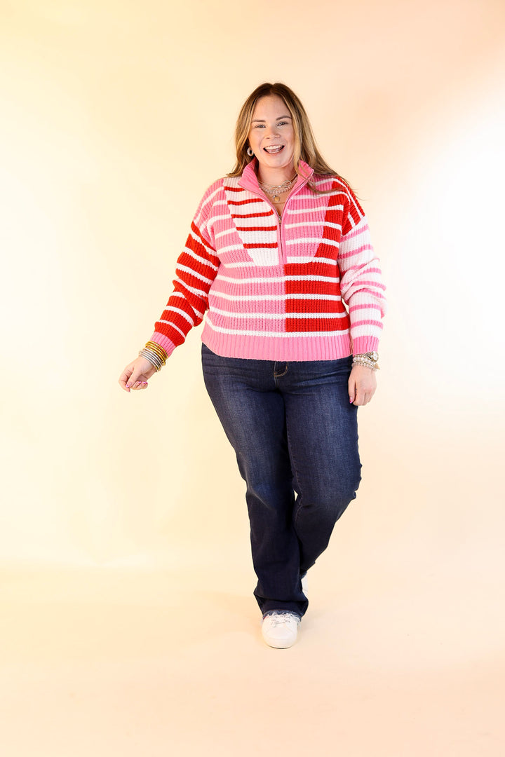 Sweetheart Stripe Half Zip Striped Sweater in Red and Pink