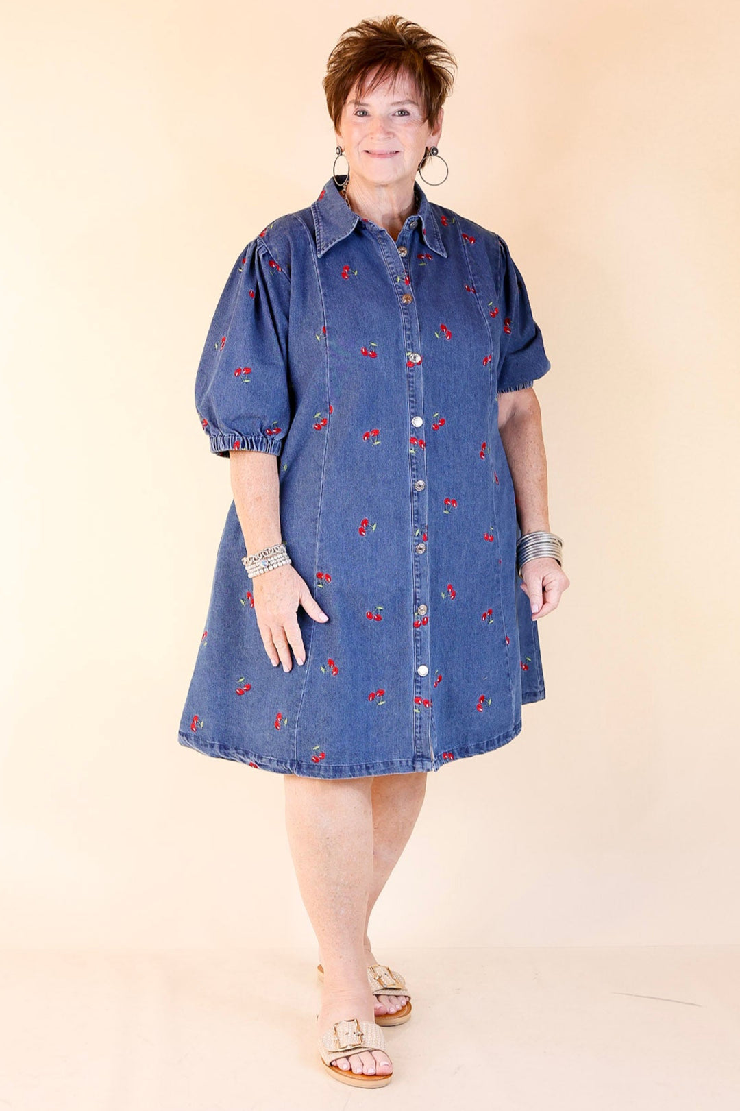 blue dress with cherries Chlo Puff Sleeve Midi Dress - Cherry Print
