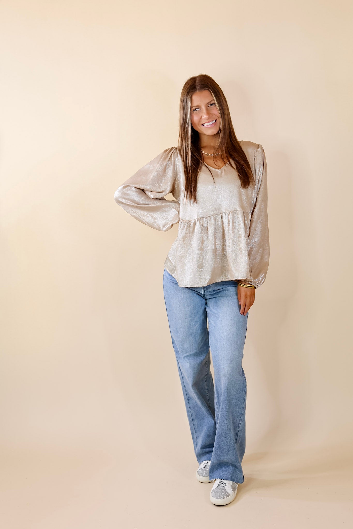 Popular Opinion Metallic V Neck Peplum Top with Long Sleeves in Champagne - Giddy Up Glamour Boutique