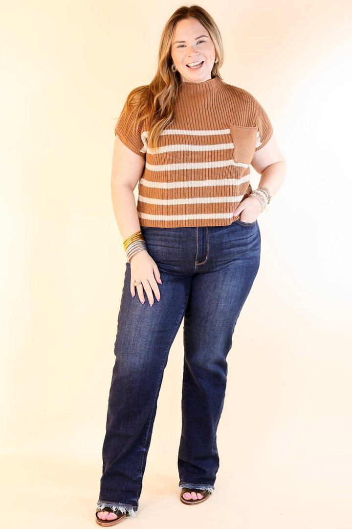 Repeat Worthy Striped Cap Sleeve Cropped Sweater with Front Pocket in Camel Brown