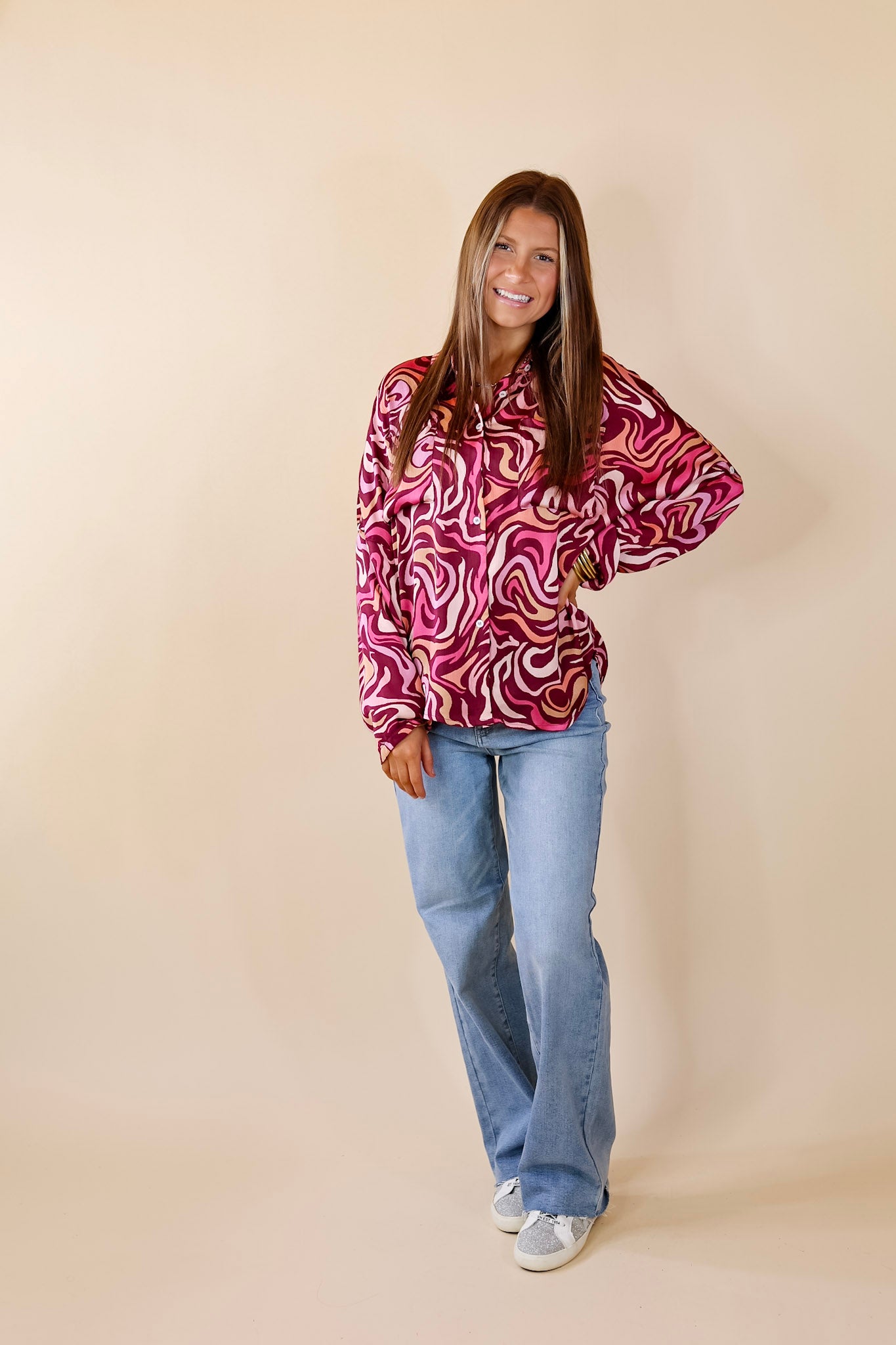 A Perfect Day Swirl Print Button Up Top in Magenta Purple