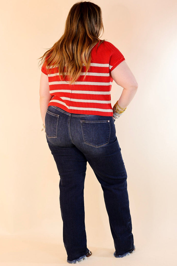 Repeat Worthy Striped Cap Sleeve Cropped Sweater with Front Pocket in Ruby Red