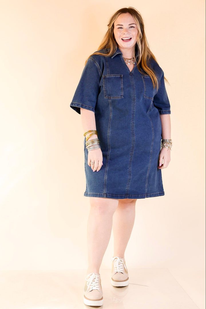 Style in Motion Denim Dress with Patch Pockets in Dark Wash