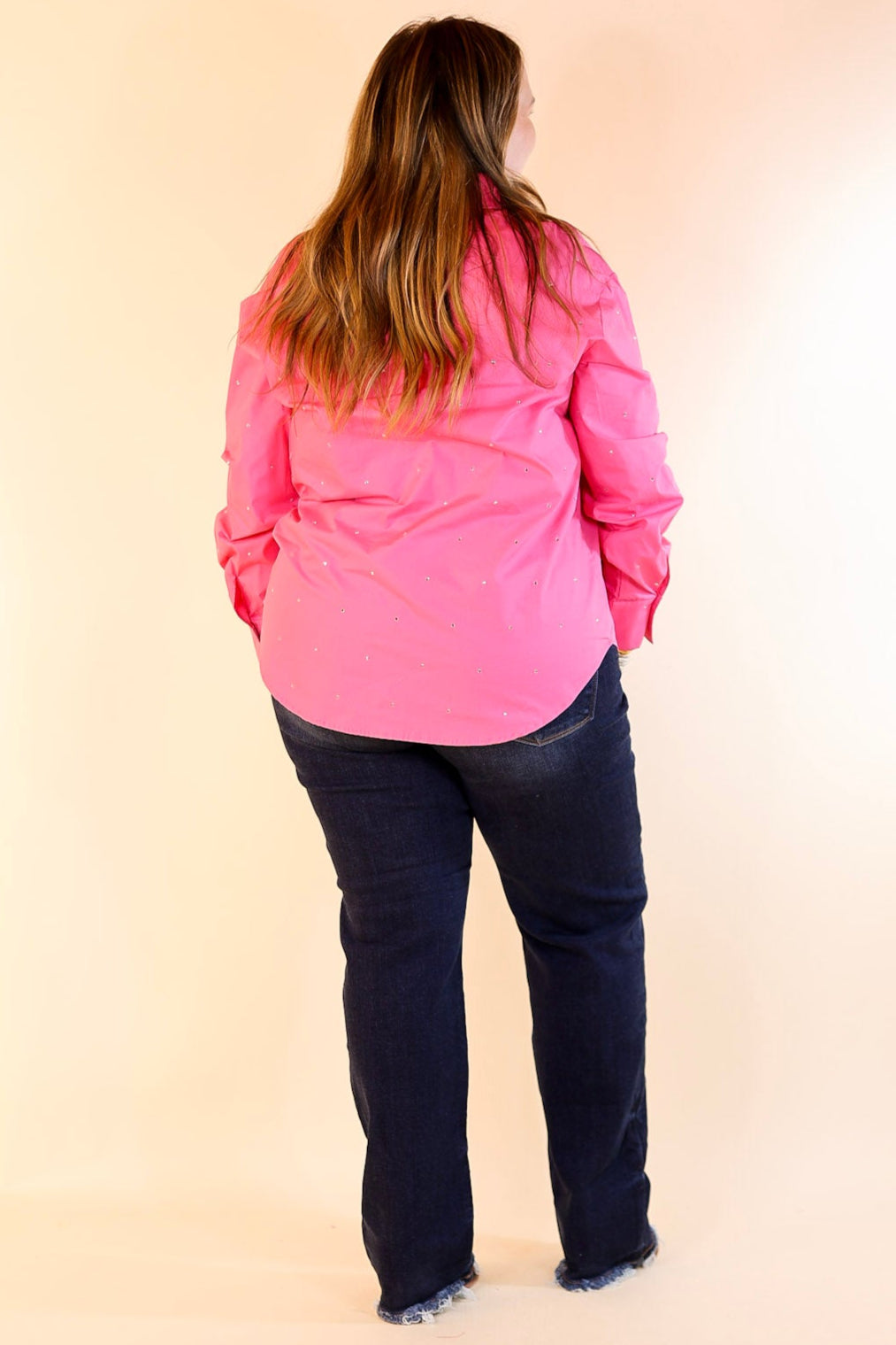 Shine On Collared Button Up Top with Rhinestones in Pink