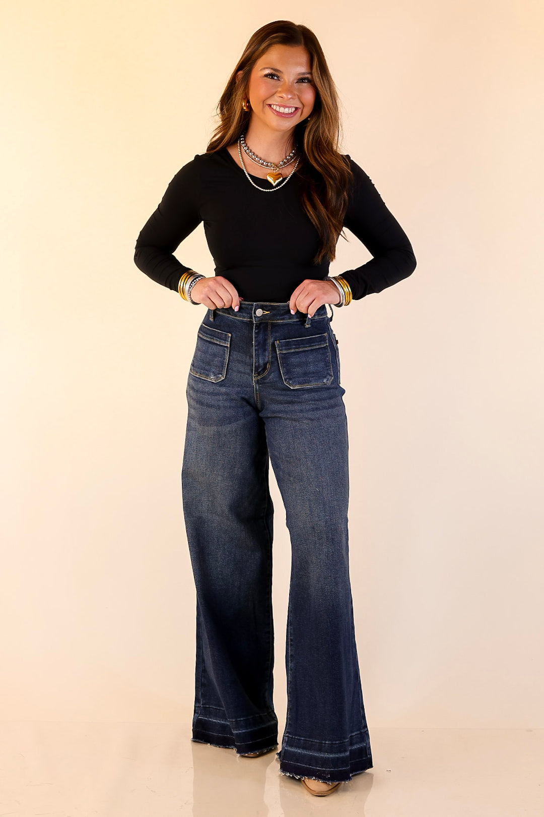 Judy Blue | Statement Maker Wide Leg Palazzo Jeans with Raw Hem and Front Patches in Dark Wash