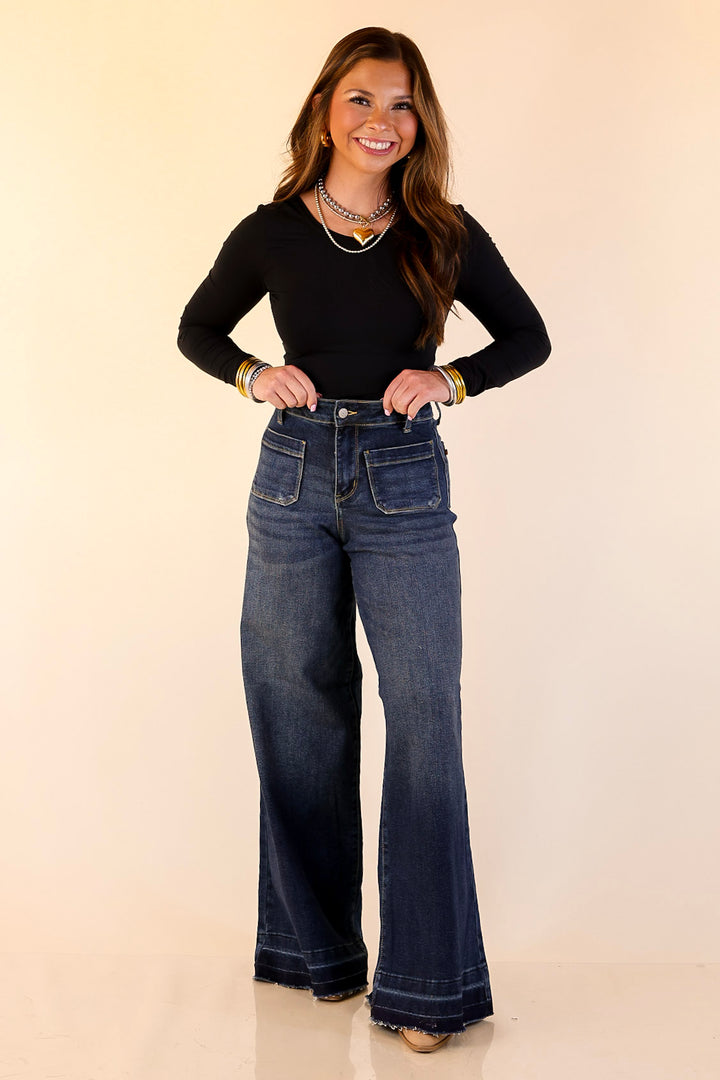 Judy Blue | Statement Maker Wide Leg Palazzo Jeans with Raw Hem and Front Patches in Dark Wash