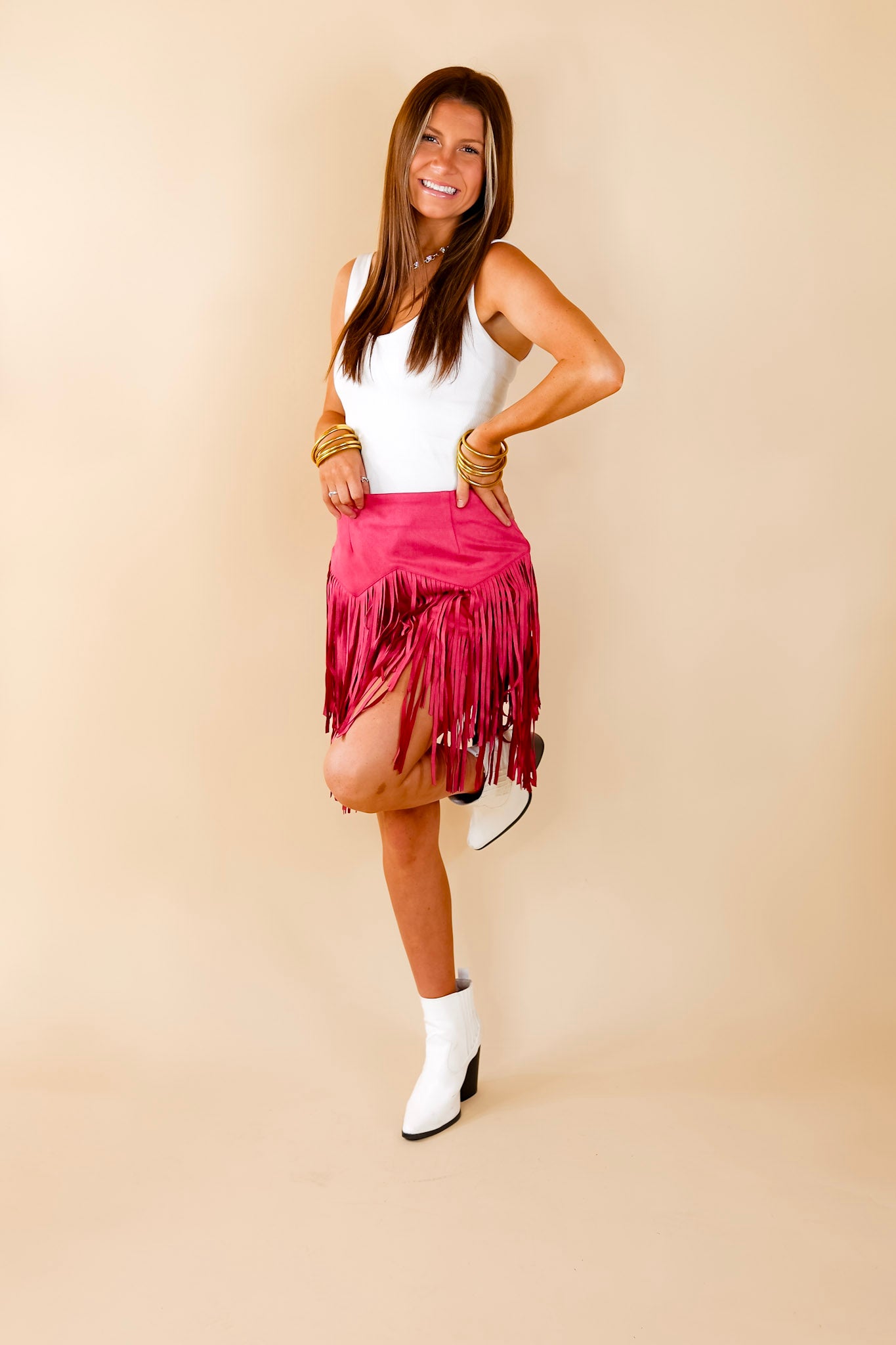Pep Into Your Step Suede Fringe Skirt in Pink - Giddy Up Glamour Boutique