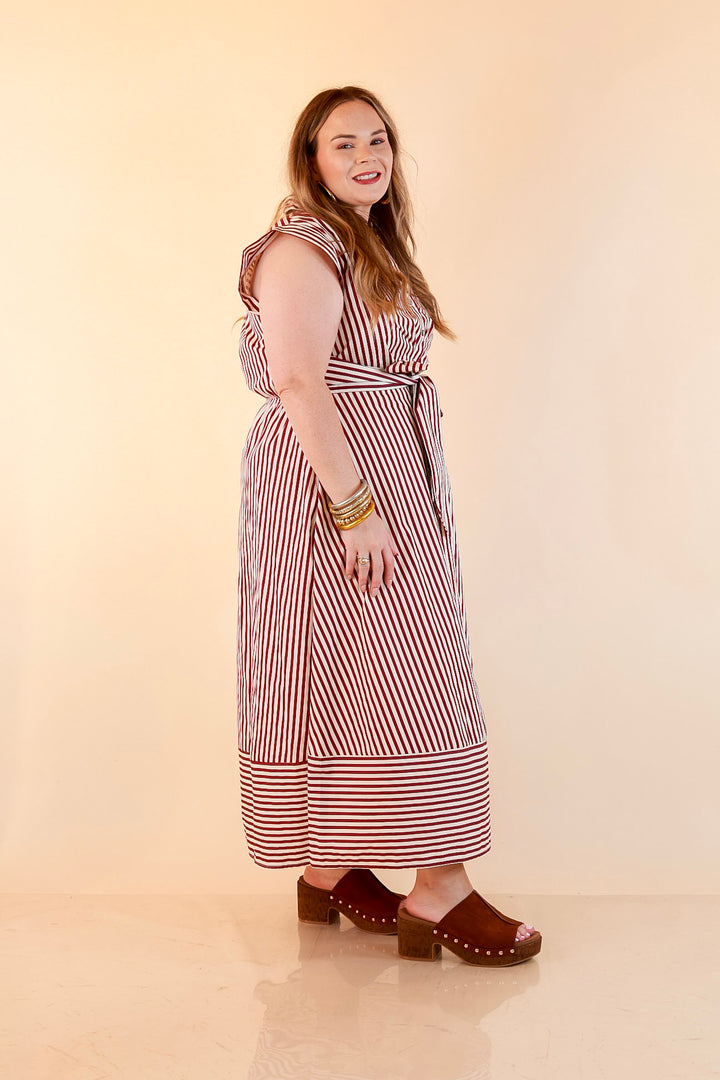 In Good Standing Striped Tie Waist Button Down Midi Dress in Maroon and Ivory