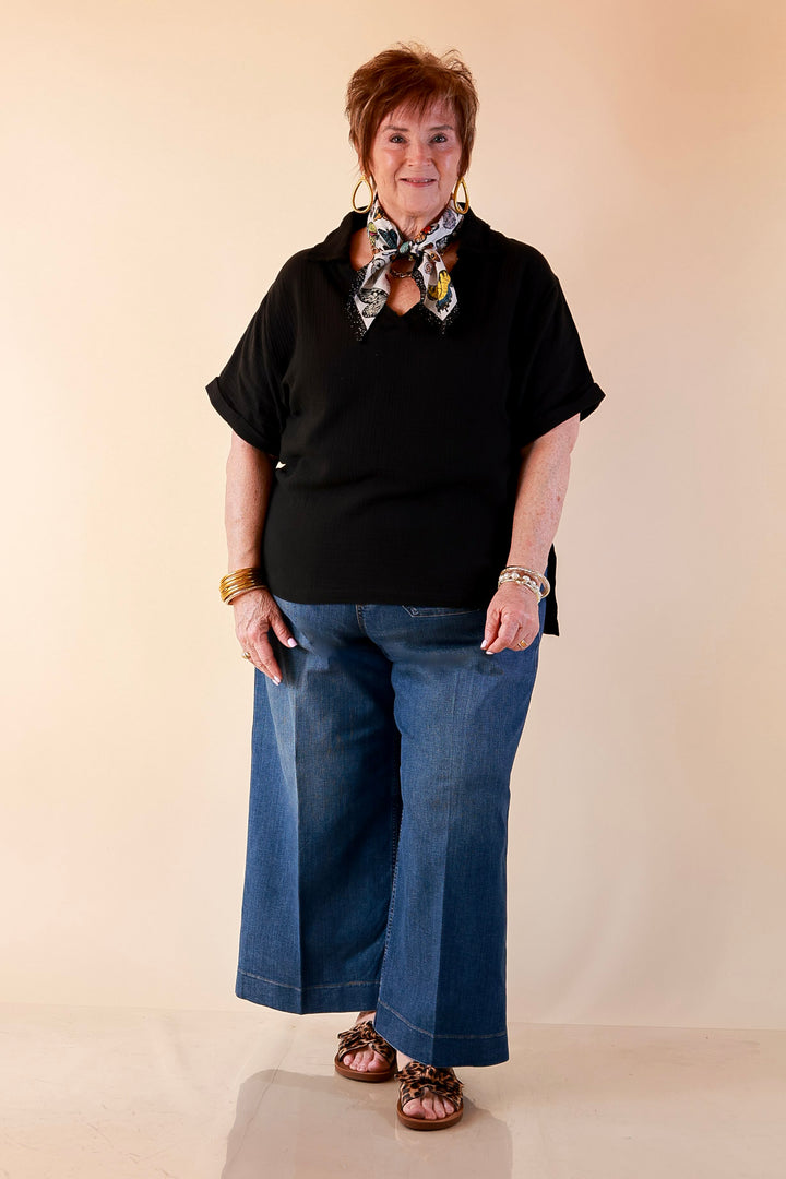 Quite Appropriate Short Sleeve Collared V Neck Linen Top with Rolled Sleeve Detail in Black