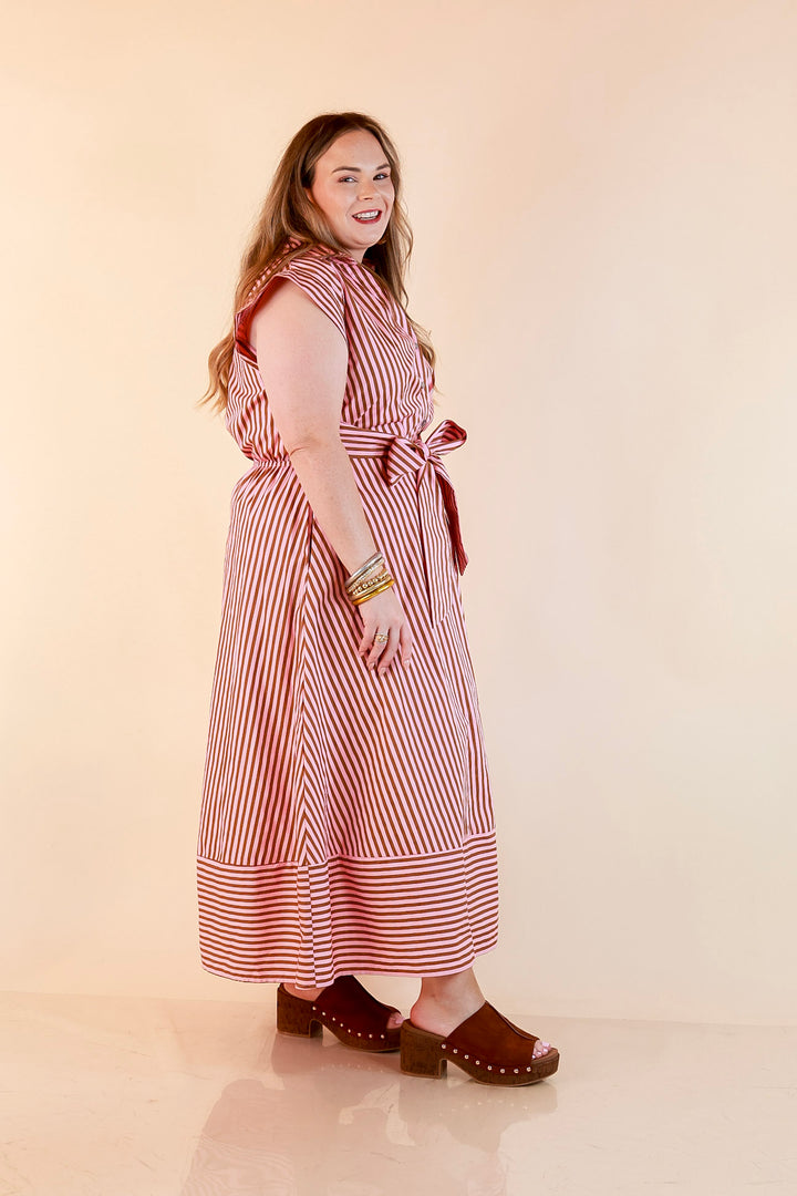 In Good Standing Striped Tie Waist Button Down Midi Dress in Pink and Brown