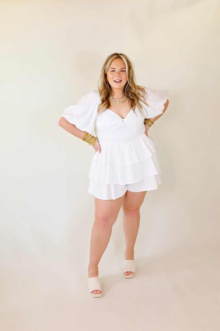 I Want It All Tiered Romper With Puffed Sleeves In White - Giddy Up Glamour Boutique