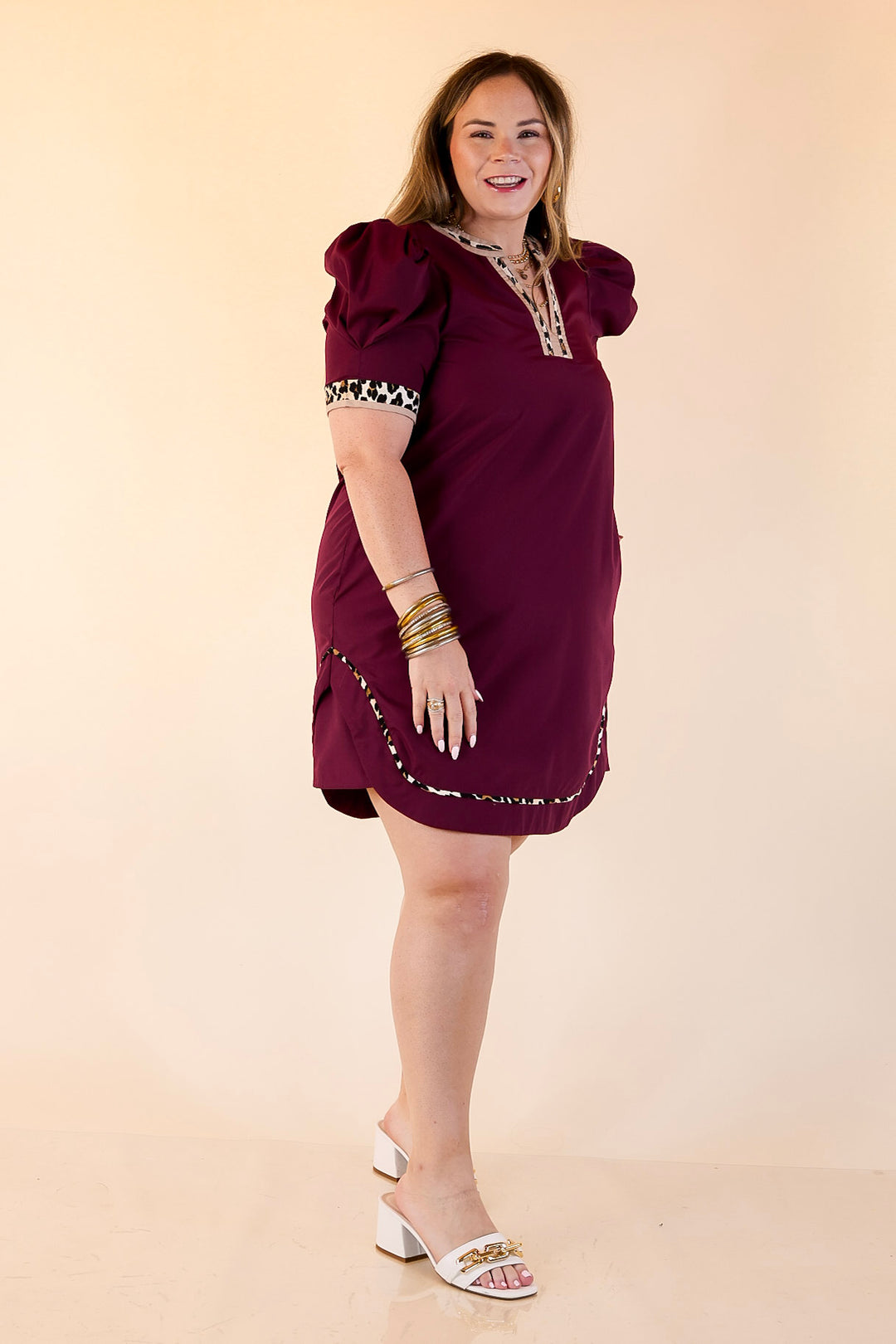 Standout Style Dress with Short Balloon Sleeves and Leopard Print Trim in Maroon