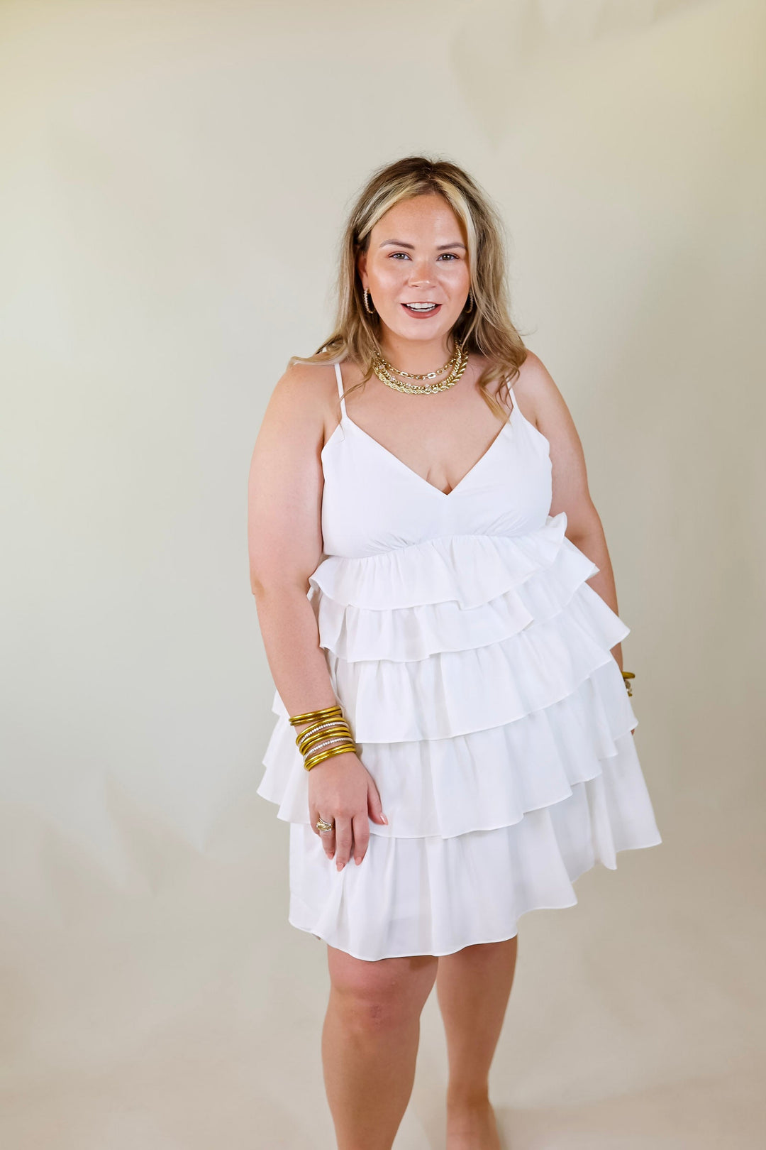 Dare to Dance Ruffled Spaghetti Strap Dress in White - Giddy Up Glamour Boutique
