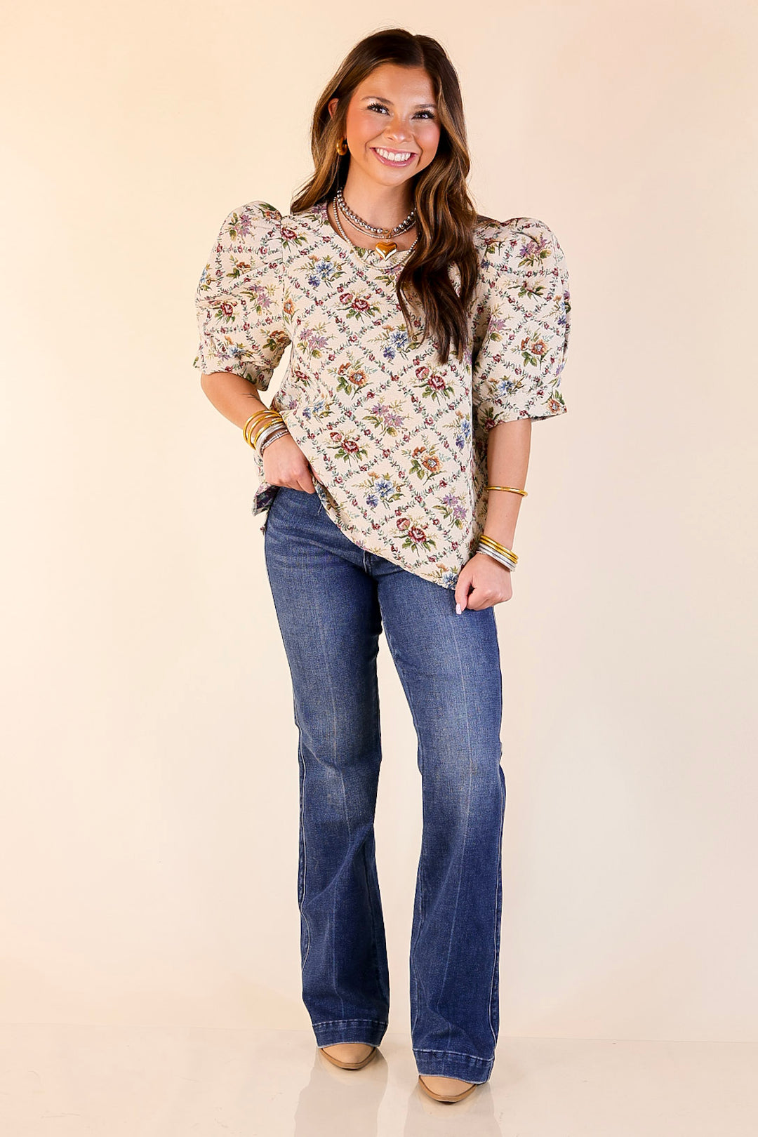 Delicate Details Puff Sleeve Floral Print Top in Cream