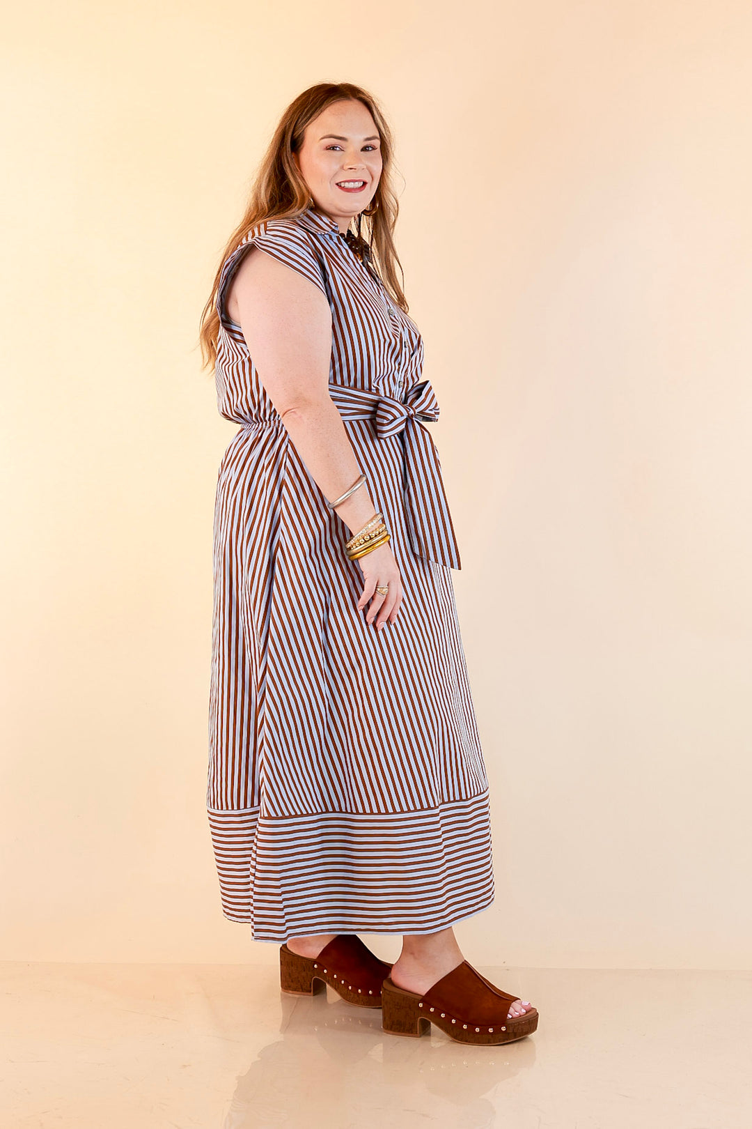 In Good Standing Striped Tie Waist Button Down Midi Dress in Blue and Brown