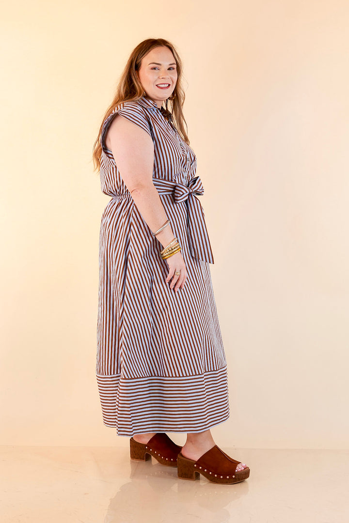 In Good Standing Striped Tie Waist Button Down Midi Dress in Blue and Brown