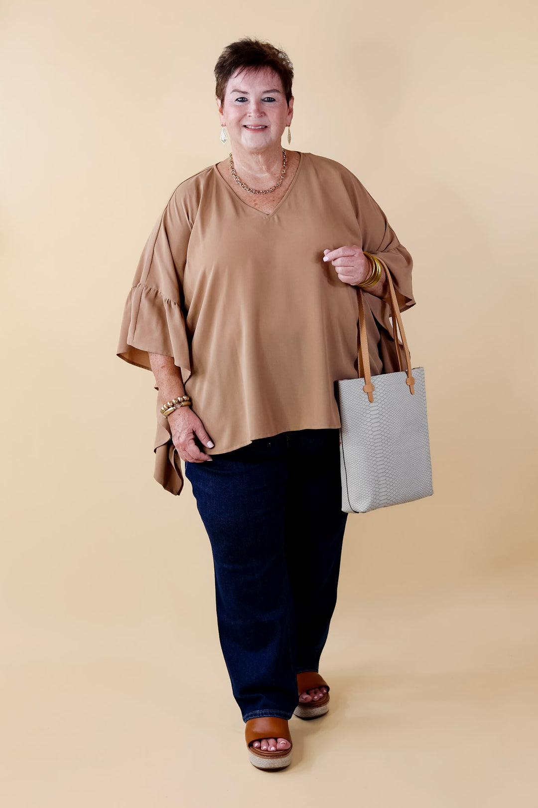 Secret Strength Ruffle Detail Poncho Top in Mocha Brown - Giddy Up Glamour Boutique