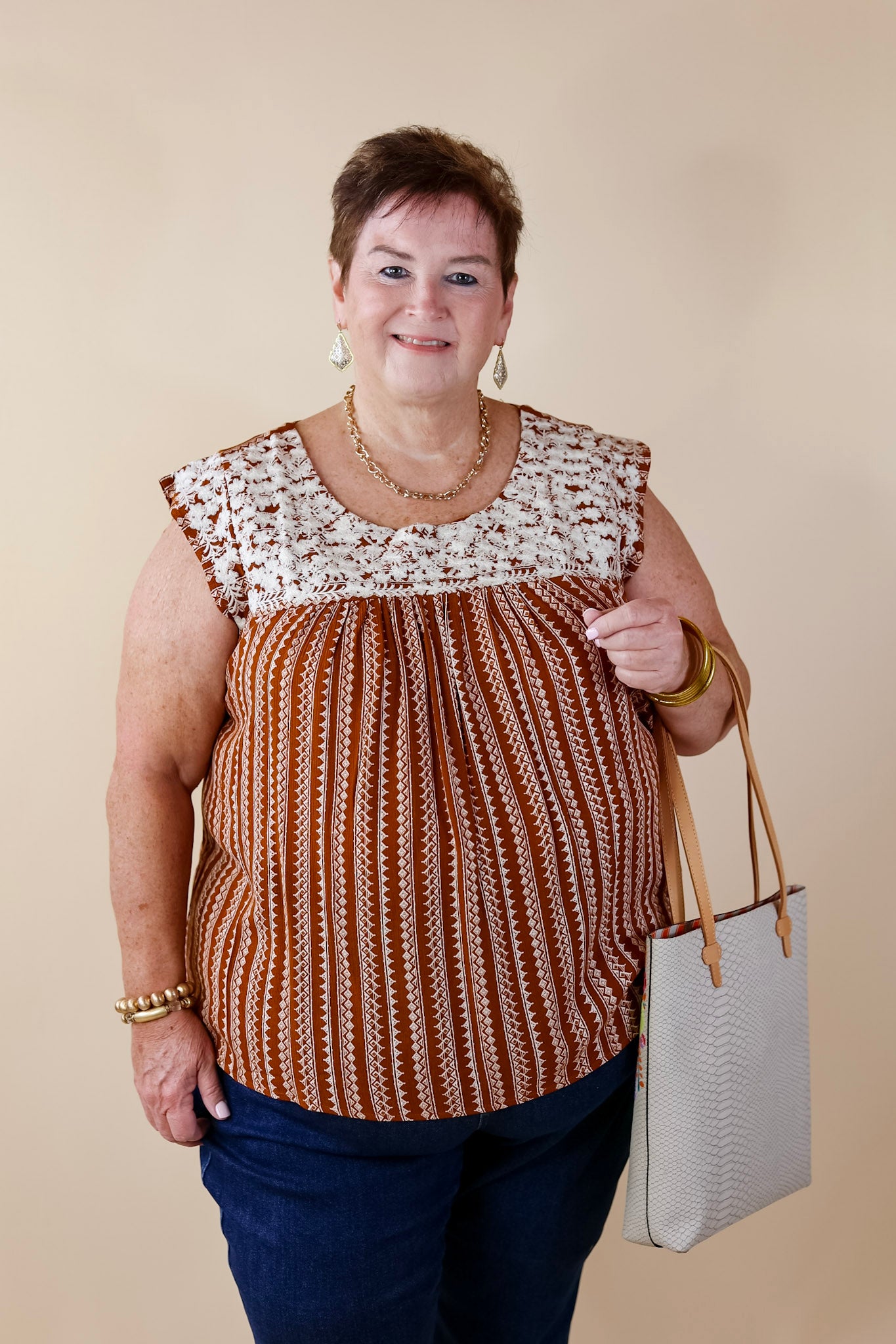 Afternoon Stroll Embroidered Tribal Top with Cap Sleeves in Rust Brown - Giddy Up Glamour Boutique