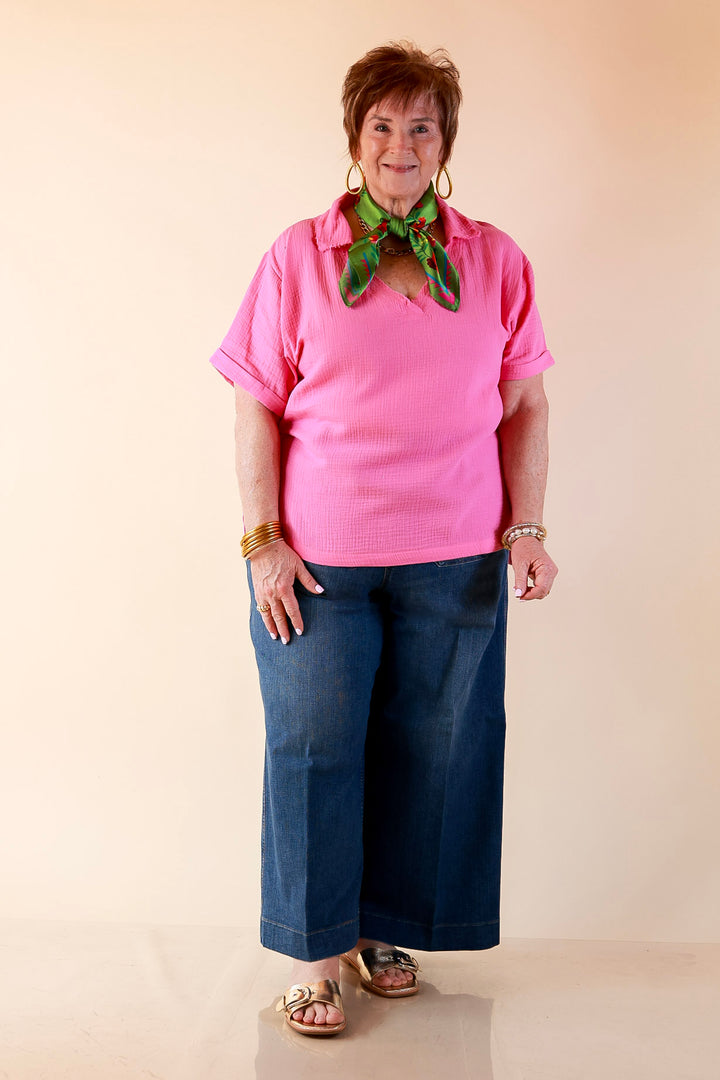 Quite Appropriate Short Sleeve Collared V Neck Linen Top with Rolled Sleeve Detail in Pink