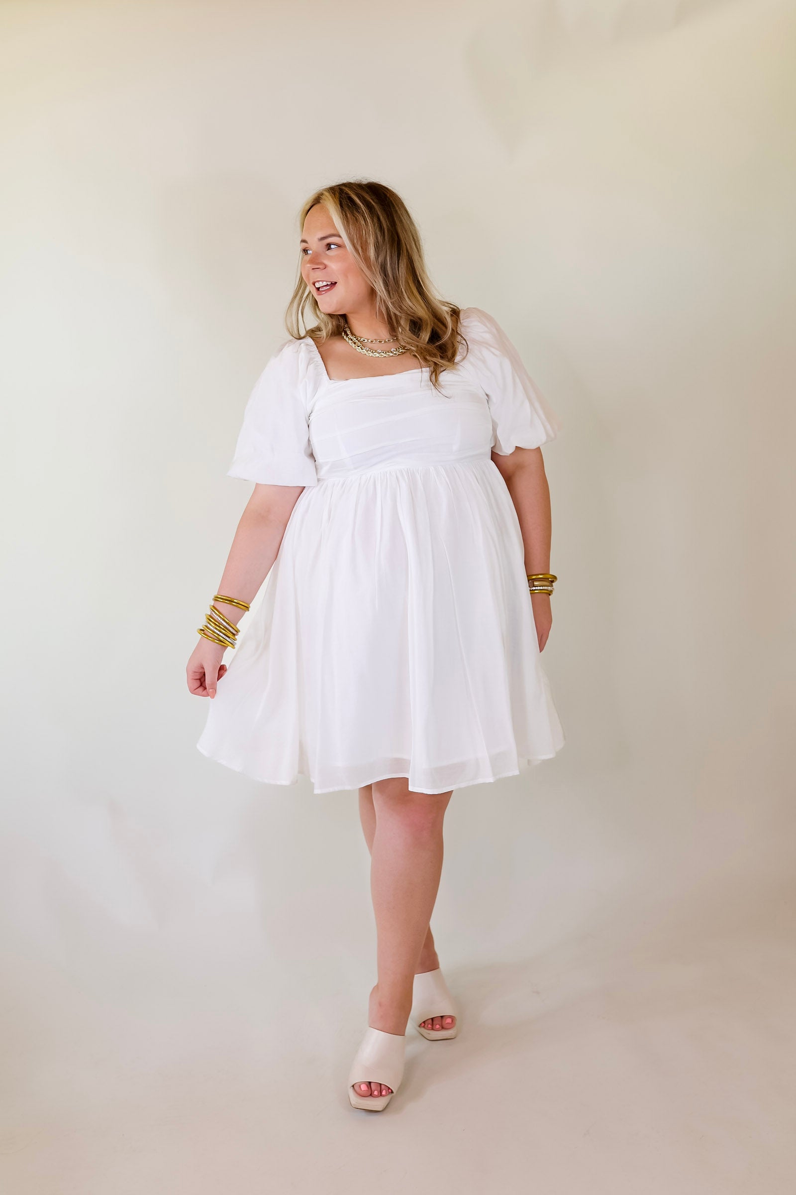 Livin Free Off The Shoulder Pleated Dress With Puffed Sleeves in White - Giddy Up Glamour Boutique