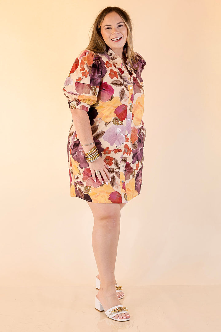 Blooming Statement Button Up Dress with Ruffle Trim and Puff Sleeves in Cream Mix