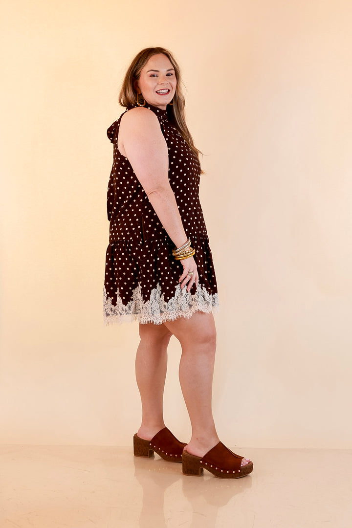 Something to Love Polka Dot Lace Trim Halter Dress in Chocolate Brown and Ivory