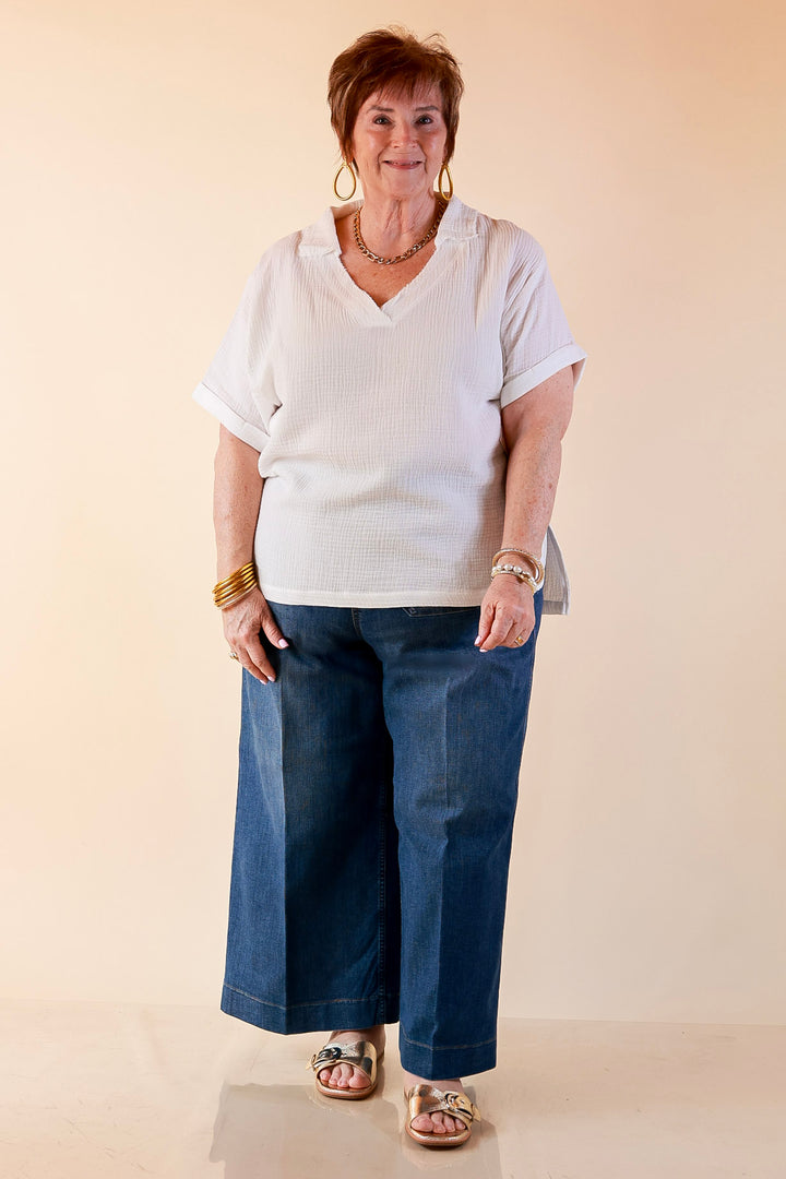 Quite Appropriate Short Sleeve Collared V Neck Linen Top with Rolled Sleeve Detail in White