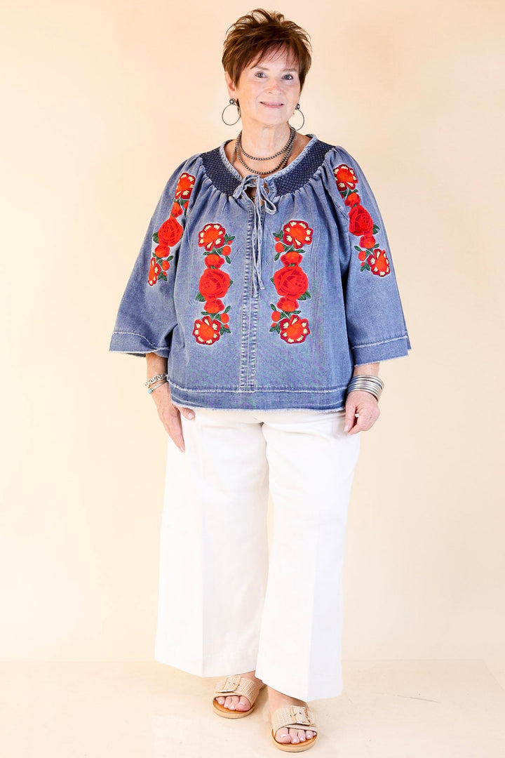 Rodeo Quincy | Tia Carmen Flowy Denim Blouse with Red Rose Embroidery