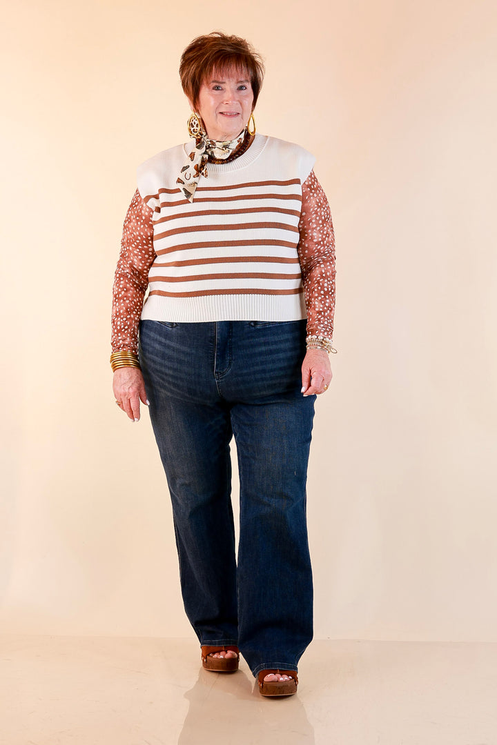 Stripe Things Up Drop Shoulder Knit Sweater in White with Tan Stripes