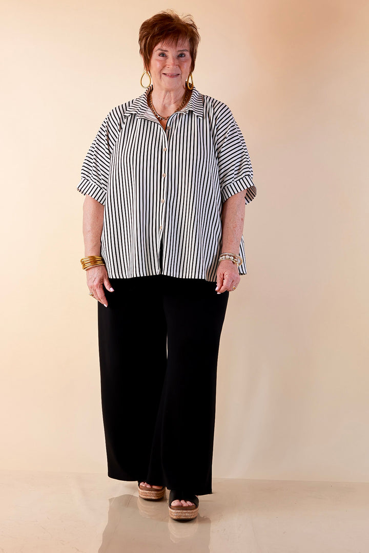 Effortlessly Aligned Button Down Collared Top with Vertical Ivory Stripe Detail in Black