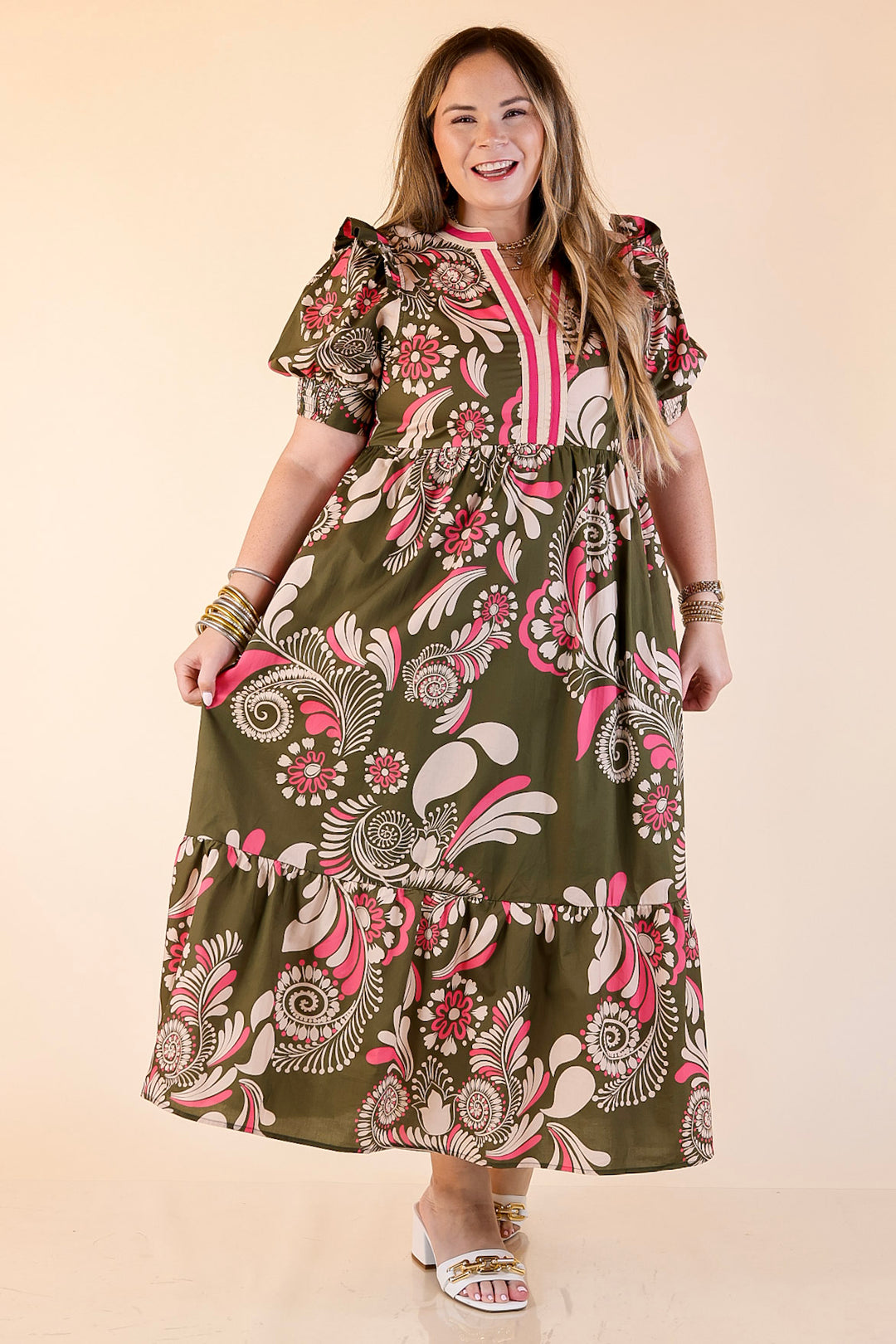 First Impressions V Neck Paisley Midi Dress in Olive Green and Pink Mix
