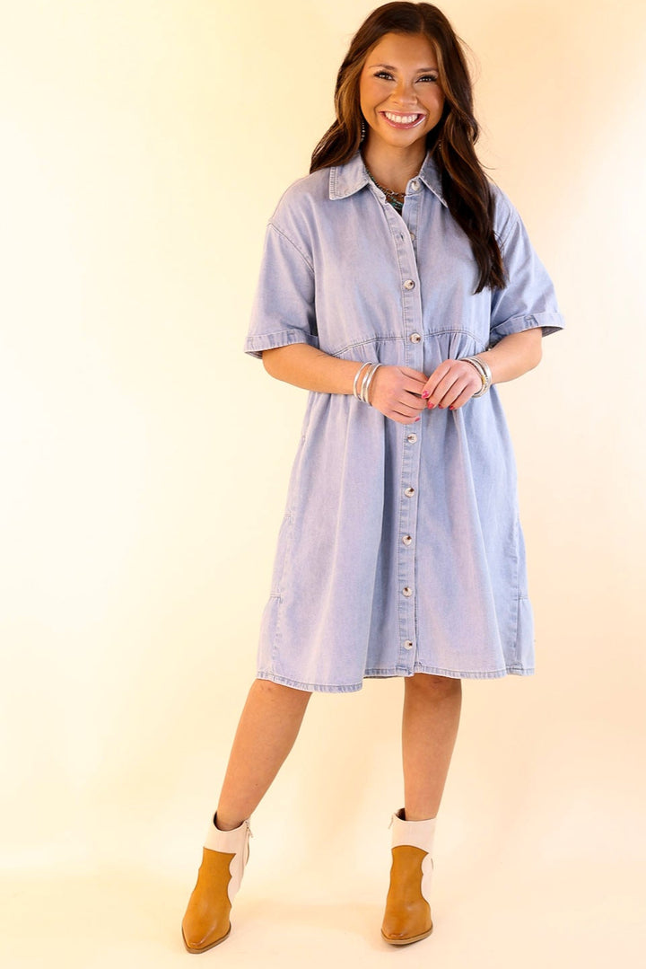 Nice to Meet You Button Up Collared Denim Dress in Light Wash
