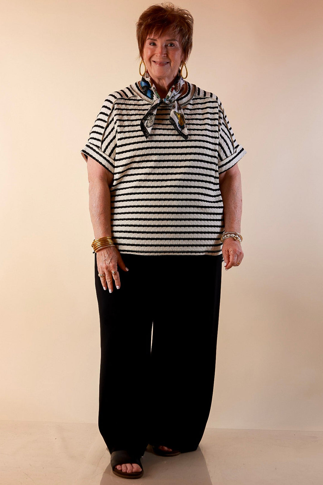 On The Daily Scoop Neck Short Sleeve Striped Textured Top in Black