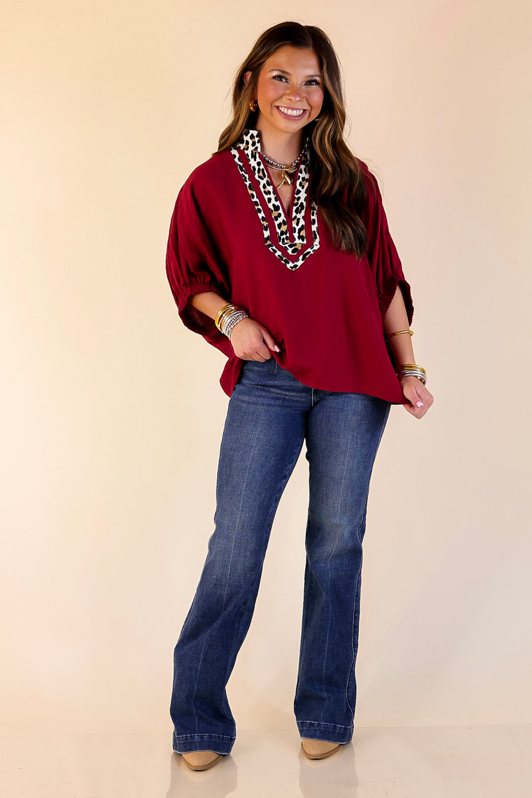 Naturally Stylish Leopard Print Trim Poncho Top in Maroon