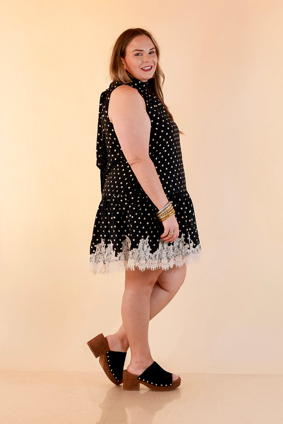 Something to Love Polka Dot Lace Trim Halter Dress in Black and Ivory